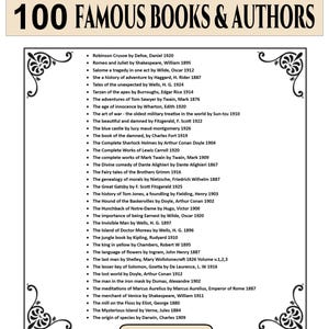 May include: A digital download graphic listing 100 famous books and authors. The text is in black font on a cream background, with decorative scrollwork. Includes titles like "Romeo and Juliet" and "The Great Gatsby".