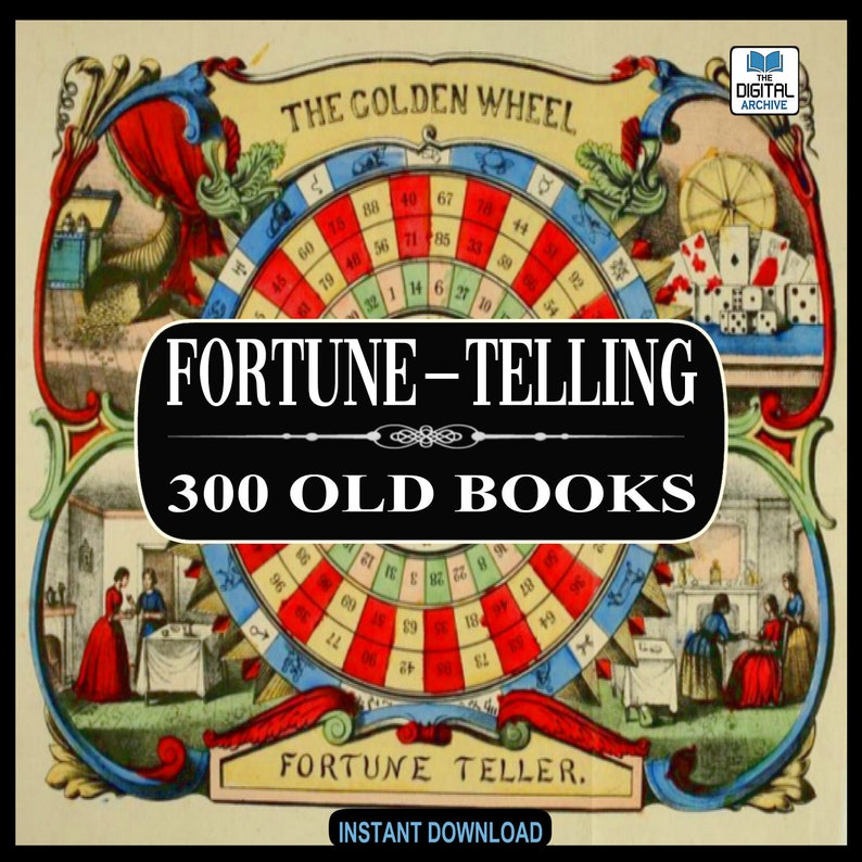 Puede incluir: Una ilustraci&oacute;n vintage de una rueda de la fortuna con el texto "The Golden Wheel" y "Fortune-Telling 300 Old Books" en una pancarta negra. La rueda est&aacute; dividida en secciones numeradas con colores rojo y azul. La imagen tambi&eacute;n incluye una chimenea, una mesa y dos figuras en el fondo.