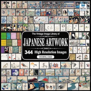 May include: A collage of 344 high-resolution images of Japanese artwork. The images are arranged in a grid pattern and feature a variety of subjects, including landscapes, portraits, and still lifes. The text "The Vintage Image Library of Japanese Artwork" and "344 High Resolution Images" is displayed in the centre of the collage.