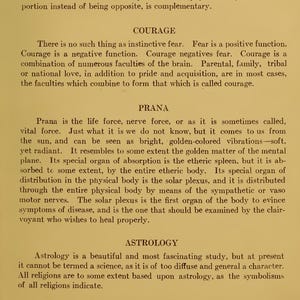 May include: A page from the book Occult Psychology, page 65, featuring black printed text on a light beige background. The text includes headings for Courage, Prana, Astrology, and Phrenology, discussing philosophical and metaphysical concepts.