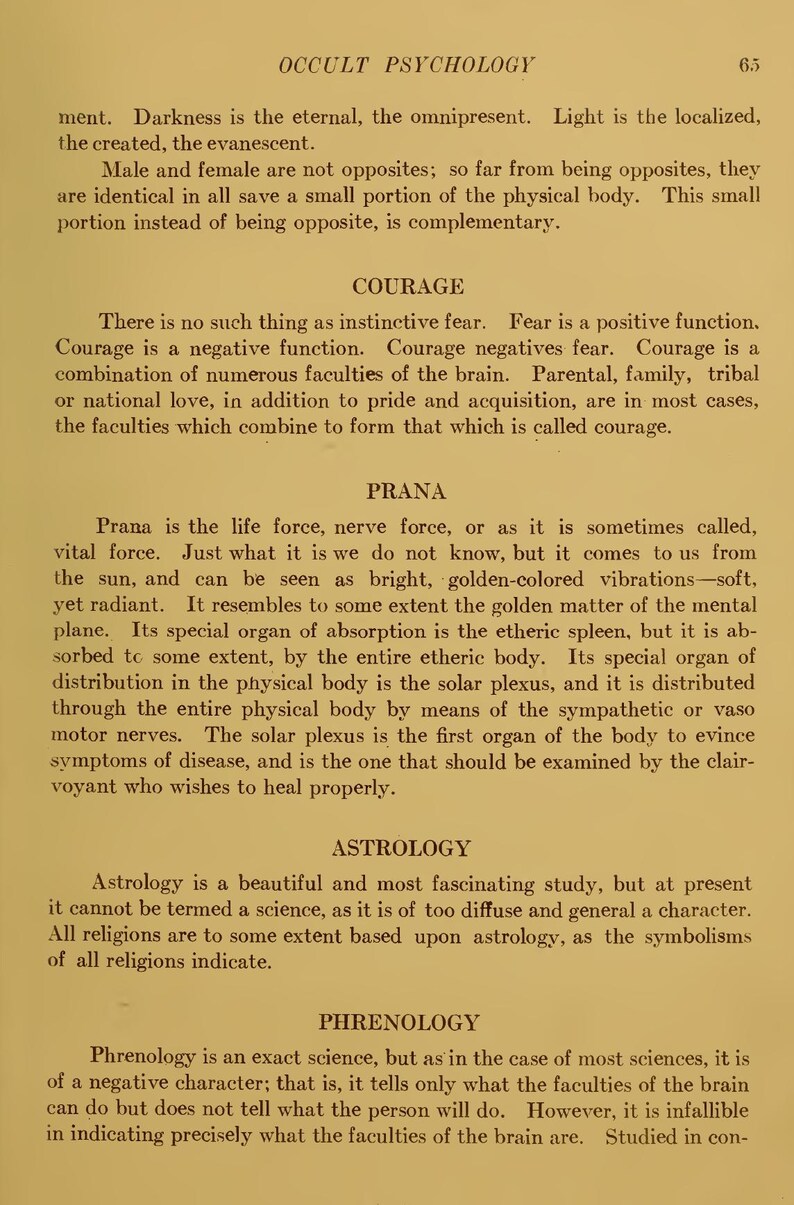 May include: A page from the book Occult Psychology, page 65, featuring black printed text on a light beige background. The text includes headings for Courage, Prana, Astrology, and Phrenology, discussing philosophical and metaphysical concepts.