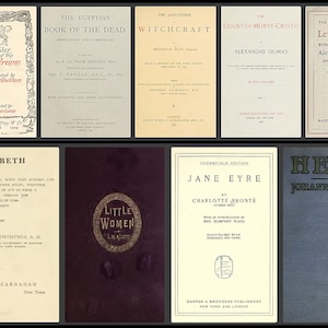 May include: A collection of vintage book covers, including titles like "The Fairy Tales of the Brothers Grimm," "The Egyptian Book of the Dead," and "Jane Eyre." The covers vary in color and design, showcasing classic literature.