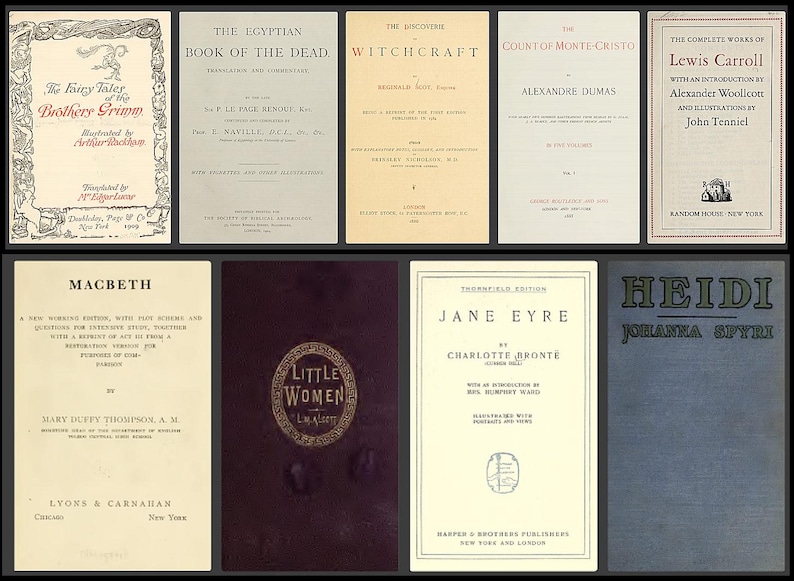 May include: A collection of vintage book covers, including titles like "The Fairy Tales of the Brothers Grimm," "The Egyptian Book of the Dead," and "Jane Eyre." The covers vary in color and design, showcasing classic literature.