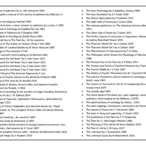 Puede incluir: Una lista en blanco y negro de libros sobre quiromancia, astrolog&iacute;a y otros temas ocultos. La lista incluye los t&iacute;tulos de los libros, los autores y las fechas de publicaci&oacute;n.
