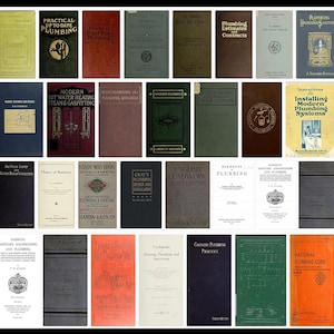 May include: A collection of vintage books on plumbing, heating, and sanitation. The books have various colors and designs, including red, green, blue, and brown. The titles include "Practical Up to Date Plumbing", "Modern Plumbing", "Modern Hot Water Heating", "Elements of Plumbing", "Gray's Plumbing Design and Installing", "English Leadwork", "Country Plumbing Practice", and "National Plumbing Code".