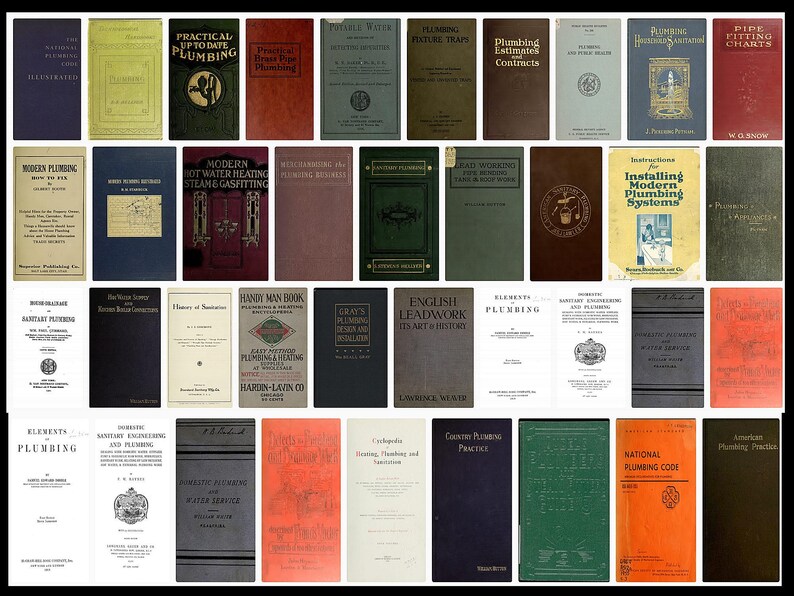 May include: A collection of vintage books on plumbing, heating, and sanitation. The books have various colors and designs, including red, green, blue, and brown. The titles include "Practical Up to Date Plumbing", "Modern Plumbing", "Modern Hot Water Heating", "Elements of Plumbing", "Gray's Plumbing Design and Installing", "English Leadwork", "Country Plumbing Practice", and "National Plumbing Code".