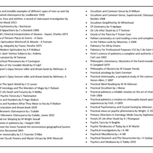 Puede incluir: Una lista en blanco y negro de libros sobre ocultismo, quiromancia y espiritismo. La lista incluye los t&iacute;tulos de los libros, los autores y las fechas de publicaci&oacute;n.