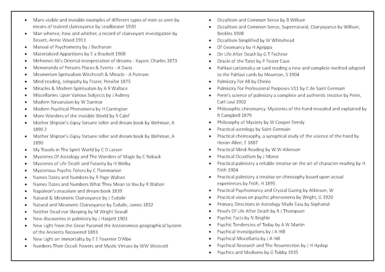 Puede incluir: Una lista en blanco y negro de libros sobre ocultismo, quiromancia y espiritismo. La lista incluye los t&iacute;tulos de los libros, los autores y las fechas de publicaci&oacute;n.
