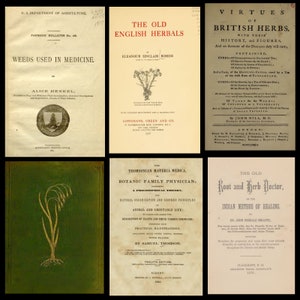 Puede incluir: Una colecci&oacute;n de portadas de libros antiguos que presentan remedios herbales y plantas medicinales. Las portadas son de varios tonos de verde, marr&oacute;n y blanco con texto negro. Los t&iacute;tulos incluyen "Weeds Used in Medicine", "The Old English Herbals", "Virtues of British Herbs", "The Thomsonian Materia Medica, Botanic Family Physician", "The Old Root and Herb Doctor, or the Indian Method of Healing".