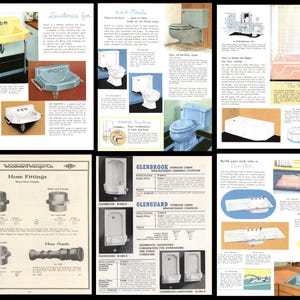 May include: A vintage catalog page featuring bathroom fixtures, including sinks, toilets, tubs, and showerheads. The page includes product descriptions and illustrations of various styles and designs.