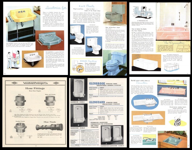 May include: A vintage catalog page featuring bathroom fixtures, including sinks, toilets, tubs, and showerheads. The page includes product descriptions and illustrations of various styles and designs.