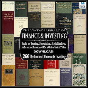 Puede incluir: Una colección de libros antiguos sobre finanzas e inversiones. Los títulos incluyen "Frenzied Finance", "Psicología del mercado de valores" y "El catecismo del inversor". La imagen presenta una pancarta central que dice "The Vintage Library of Finance & Investing."