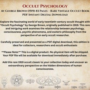 May include: A digital document titled Occult Psychology by George Brown, published in 1919. The text describes an 83-page rare vintage occult book available as a PDF download. The background features a parchment texture with various occult symbols.