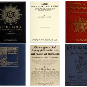 Puede incluir: Una colecci&oacute;n de seis portadas de libros antiguos sobre el tema de las pr&aacute;cticas ocultas. Las portadas presentan ilustraciones de estrellas, manos y una persona con una t&uacute;nica con capucha. Los t&iacute;tulos incluyen "Astrolog&iacute;a", "Adivinaci&oacute;n con cartas", "Manual de cartomancia", "Clarividencia y transferencia de pensamiento", "Quiromancia: La ciencia de la quiromancia", y "Un curso de lecciones avanzadas en quiromancia y poderes ocultos".