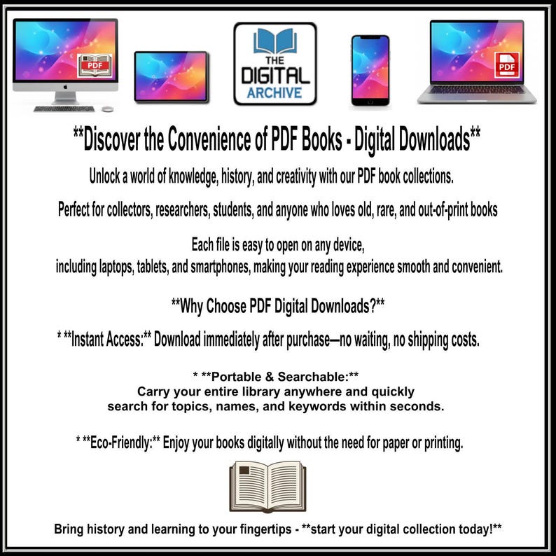 May include: A digital advertisement for The Digital Archive featuring icons of a desktop computer, tablet, smartphone, and laptop displaying PDF files. The text promotes PDF book downloads, highlighting benefits like instant access, portability, searchability, and eco-friendly reading on various electronic devices.