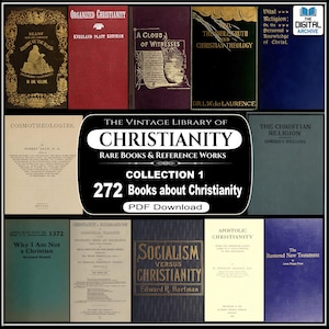 Puede incluir: Una colección de libros antiguos sobre el cristianismo. La imagen muestra portadas de libros de varios colores, incluyendo rojo, verde y azul. Los títulos incluyen "Organized Christianity" y "The Christian Religion."