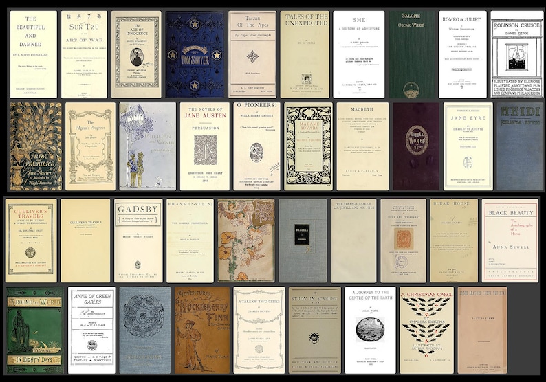 May include: A collection of vintage books with various titles and cover designs. The books are arranged in rows, showcasing a variety of colors and styles, including classics like "Gatsby" and "Black Beauty".