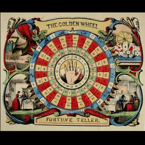 Puede incluir: Un juego de adivinaci&oacute;n vintage llamado "The Golden Wheel" con una rueda colorida que presenta n&uacute;meros y una mano con la palma abierta. La rueda est&aacute; rodeada de bordes ornamentados e ilustraciones de personas y una mesa.