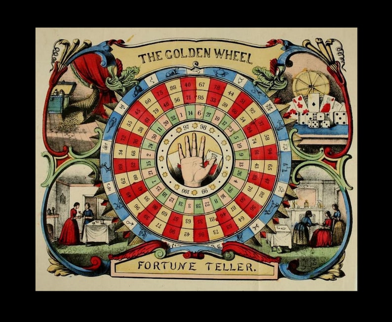 Puede incluir: Un juego de adivinaci&oacute;n vintage llamado "The Golden Wheel" con una rueda colorida que presenta n&uacute;meros y una mano con la palma abierta. La rueda est&aacute; rodeada de bordes ornamentados e ilustraciones de personas y una mesa.