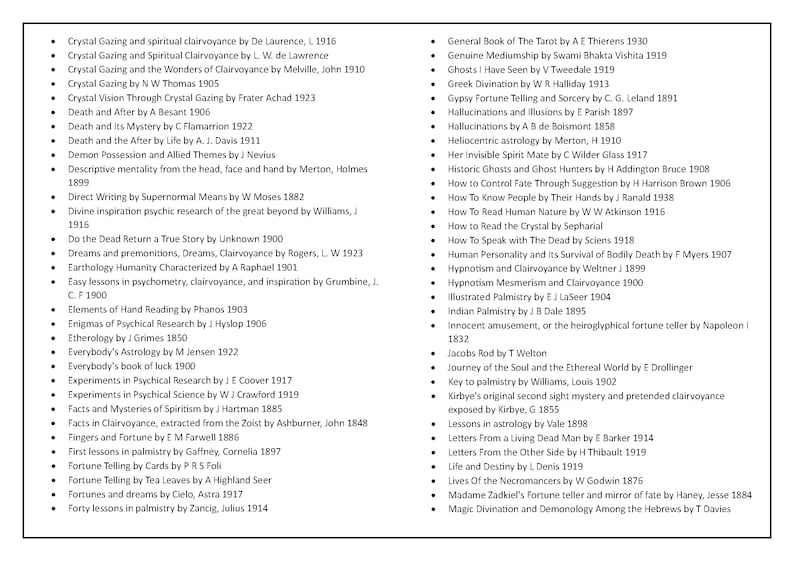 Puede incluir: Una lista en blanco y negro de libros sobre espiritismo, clarividencia y fen&oacute;menos ps&iacute;quicos. La lista incluye t&iacute;tulos, autores y fechas de publicaci&oacute;n.