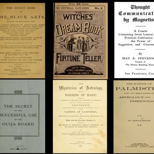 Puede incluir: Una colecci&oacute;n de seis portadas de libros vintage con t&iacute;tulos relacionados con lo oculto, la magia y el espiritismo. Las portadas est&aacute;n impresas en blanco y negro con ilustraciones decorativas. Los t&iacute;tulos incluyen "El Libro Secreto de las Artes Negras", "El Libro de los Sue&ntilde;os de las Brujas y el Adivino", "Comunicaci&oacute;n del Pensamiento por Magnetismo", "Misterios de la Astrolog&iacute;a, Maravillas de la Magie", "El Secreto del Uso Exitoso de la Ouija" y "La Ciencia de la Quiromancia y sus Relaciones con la Astrolog&iacute;a y la Frenolog&iacute;a".
