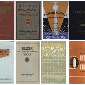 May include: A collection of vintage book covers for plumbing and hardware companies. The covers feature illustrations of pipes, tools, and water systems. The text on the covers includes company names, product descriptions, and slogans.