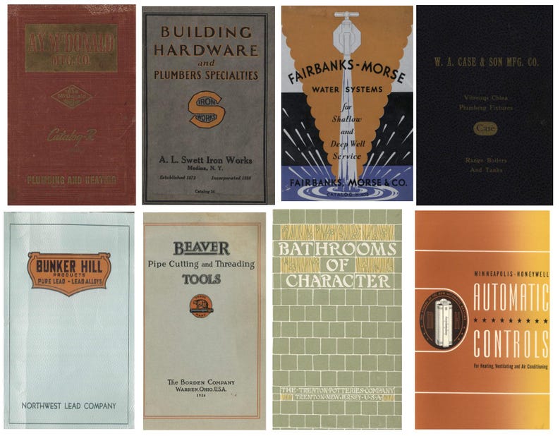 May include: A collection of vintage book covers for plumbing and hardware companies. The covers feature illustrations of pipes, tools, and water systems. The text on the covers includes company names, product descriptions, and slogans.