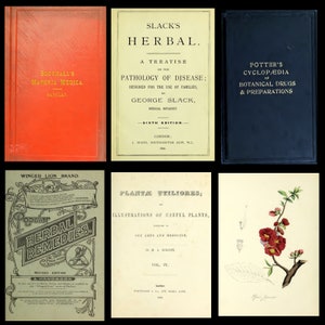 Puede incluir: Una colecci&oacute;n de seis cubiertas de libros antiguos. Las cubiertas son de diferentes colores y tienen diferentes t&iacute;tulos. Los t&iacute;tulos incluyen "Slack's Herbal", "Southall's Materia Medica", "Potter's Cyclopaedia of Botanical Drugs & Preparations", "Popular Herbal Remedies", "Plantae Utiliores; Illustrations of Useful Plants", y "The Arts and Medicine".