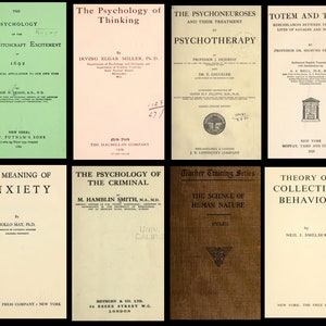 May include: A collage of eight book covers featuring titles related to psychology, sociology, and human behaviour. The covers are in various colours and styles, with some featuring illustrations and text.