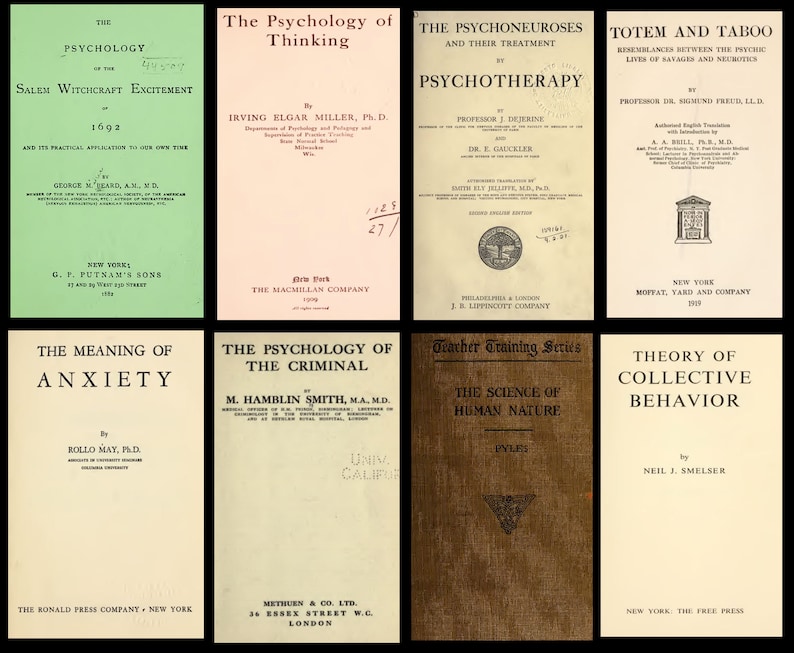 May include: A collage of eight book covers featuring titles related to psychology, sociology, and human behaviour. The covers are in various colours and styles, with some featuring illustrations and text.