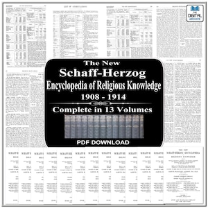 Può includere: Un download digitale PDF di "The New Schaff-Herzog Encyclopedia of Religious Knowledge" dal 1908-1914. L'immagine mostra il titolo, una fila di 13 volumi e pagine di testo. Il testo include "Complete in 13 Volumes" e "PDF DOWNLOAD."