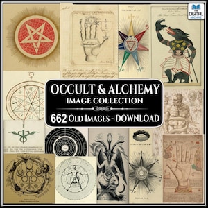 May include: A selection of vintage occult and alchemy illustrations. The images feature a pentagram, a hand with symbols, a star with triangles, a figure with a wolf head, and other esoteric designs. The text reads "Occult & Alchemy Image Collection 662 Old Images - Download."