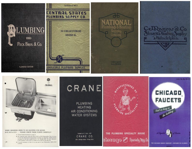 May include: A collection of vintage advertisements for plumbing and heating supplies. The ads feature various company logos and slogans, including "Plumbing 1885 Peck Bros. & Co.", "Central States Plumbing Supply Co.", "National Plumbing & Heating Supply Company", "C.J. Rainear & Co. Steam and Plumbing Supplies Philadelphia", "Crane Plumbing Heating Air Conditioning Water Systems", "The Plumbing Specialty House Chicago Specialty Mfg. Co.", and "Chicago Faucets Last as long as the building".