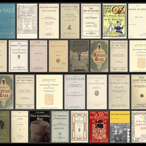 May include: A collection of vintage books with various titles and cover designs. Titles include "Ulysses," "Treasure Island," "The Wonderful Wizard of Oz," and "The Phantom of the Opera." The books are arranged in rows and columns.