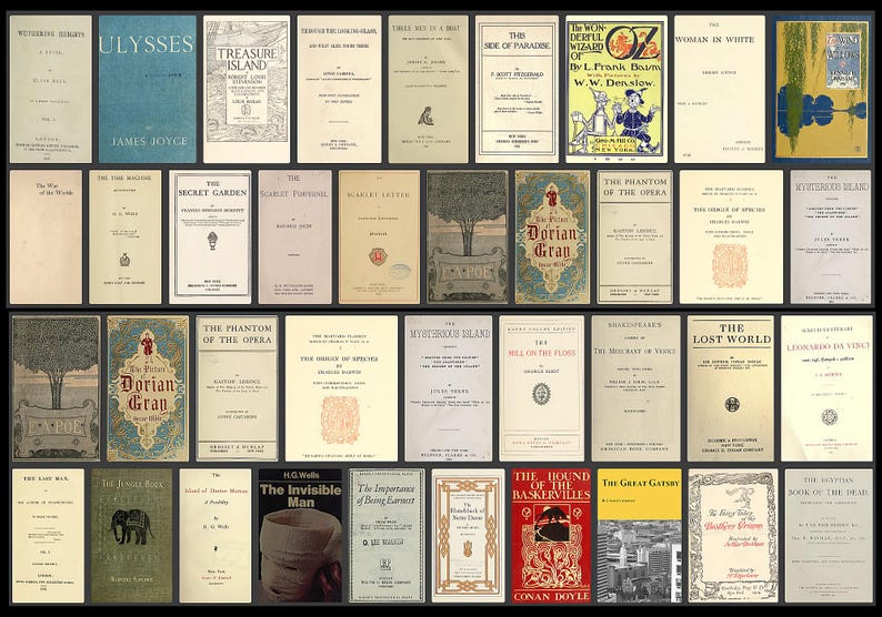 May include: A collection of vintage books with various titles and cover designs. Titles include "Ulysses," "Treasure Island," "The Wonderful Wizard of Oz," and "The Phantom of the Opera." The books are arranged in rows and columns.
