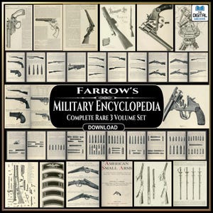May include: A framed collection of illustrations and text from Farrow's Military Encyclopedia. The images depict various firearms, ammunition, and diagrams. The text includes the title "Farrow's Military Encyclopedia" and "American Small Arms."