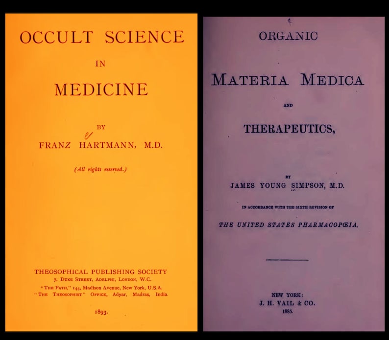 Puede incluir: Dos portadas de libros una al lado de la otra. La portada de la izquierda es naranja y presenta el t&iacute;tulo "Occult Science in Medicine" de Franz Hartmann, M.D. La portada de la derecha es morada y presenta el t&iacute;tulo "Organic Materia Medica and Therapeutics" de James Young Simpson, M.D.