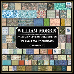 Puede incluir: Un collage de 100 imágenes de alta resolución de la famosa colección de patrones de William Morris. Las imágenes están dispuestas en una cuadrícula y presentan una variedad de diseños florales, geométricos y abstractos. El texto "William Morris Famous Pattern Collection 100 High Resolution Images Download" se muestra en el centro del collage.
