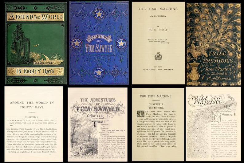 May include: A collection of vintage book covers and pages. Titles include "Around the World in Eighty Days," "Adventures of Tom Sawyer," "The Time Machine," and "Pride and Prejudice." The covers feature ornate designs and illustrations.