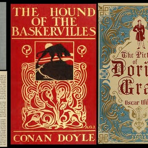 May include: A collection of vintage book covers. Titles include "Dracula", "The Hound of the Baskervilles", and "The Picture of Dorian Gray". The covers feature ornate designs and classic typography, with a red, blue, and gray color scheme.