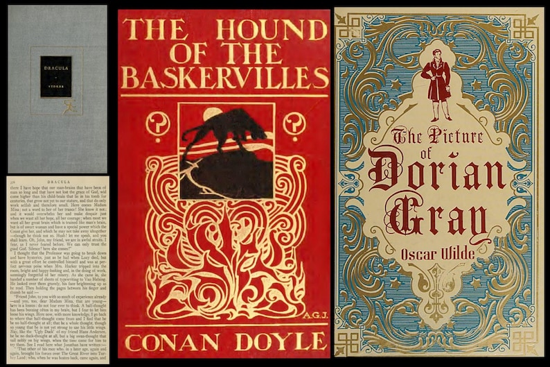 May include: A collection of vintage book covers. Titles include "Dracula", "The Hound of the Baskervilles", and "The Picture of Dorian Gray". The covers feature ornate designs and classic typography, with a red, blue, and gray color scheme.