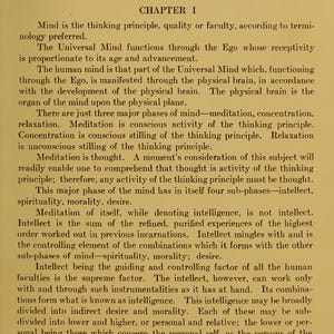 May include: A page from a book titled PSYCHOLOGY, CHAPTER I. The text discusses the mind, the Universal Mind, the Ego, and the physical brain. It outlines three phases of mind: meditation, concentration, and relaxation, and explores intellect.