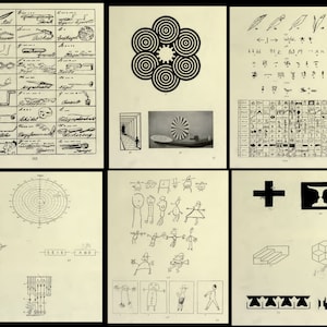 May include: A collection of six pages from a vintage book featuring various illustrations and diagrams. The pages include a series of hand-drawn symbols, a circular diagram with concentric circles, a black and white image of a person walking through a hallway, a grid of small black and white symbols, a series of stick figure drawings, and a collection of geometric shapes.