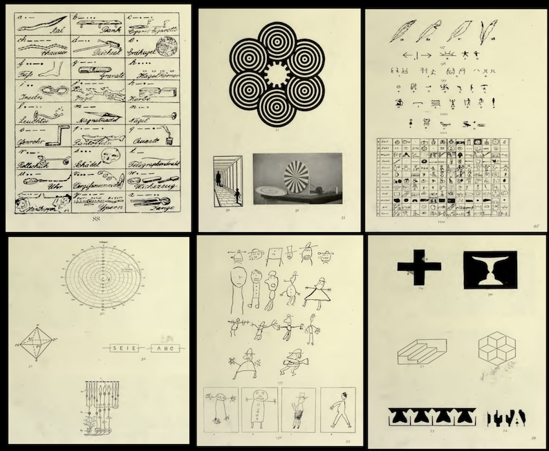 May include: A collection of six pages from a vintage book featuring various illustrations and diagrams. The pages include a series of hand-drawn symbols, a circular diagram with concentric circles, a black and white image of a person walking through a hallway, a grid of small black and white symbols, a series of stick figure drawings, and a collection of geometric shapes.