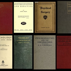 May include: A collection of vintage books on psychology and psychoanalysis. The books have different coloured covers and are arranged in two rows of five books.