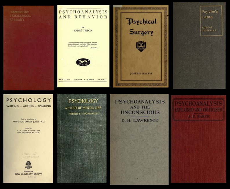 May include: A collection of vintage books on psychology and psychoanalysis. The books have different coloured covers and are arranged in two rows of five books.