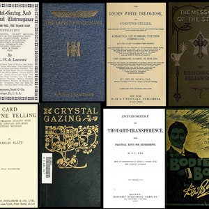 Puede incluir: Un collage de portadas de libros antiguos con t&iacute;tulos relacionados con la adivinaci&oacute;n, la cristalomancia y las pr&aacute;cticas espirituales. Las portadas son de varios colores, incluyendo verde, dorado y azul, con dise&ntilde;os e ilustraciones intrincados.