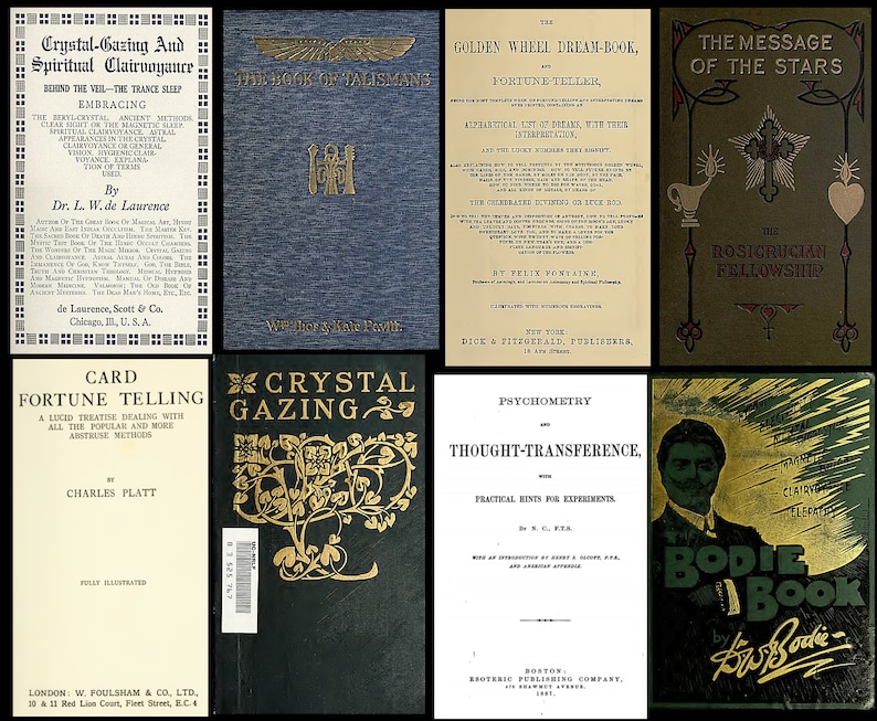 Puede incluir: Un collage de portadas de libros antiguos con t&iacute;tulos relacionados con la adivinaci&oacute;n, la cristalomancia y las pr&aacute;cticas espirituales. Las portadas son de varios colores, incluyendo verde, dorado y azul, con dise&ntilde;os e ilustraciones intrincados.