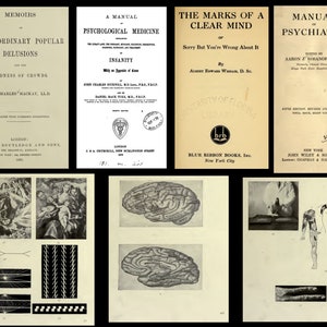May include: A collection of vintage books on the topics of psychology, psychiatry, and mental health. The books have black and white covers with text and illustrations. The books are from the early 1900s.