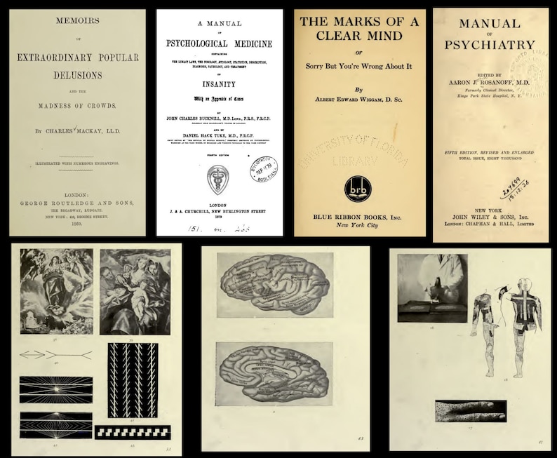 May include: A collection of vintage books on the topics of psychology, psychiatry, and mental health. The books have black and white covers with text and illustrations. The books are from the early 1900s.